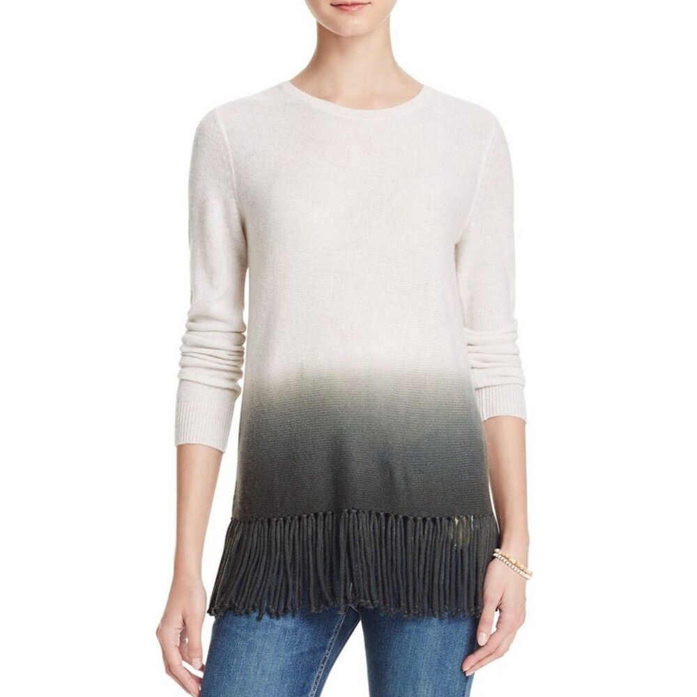 Aqua Cashmere Women’s 100% Cashmere Fringe Sweater Cream/gray Boho Chic-S